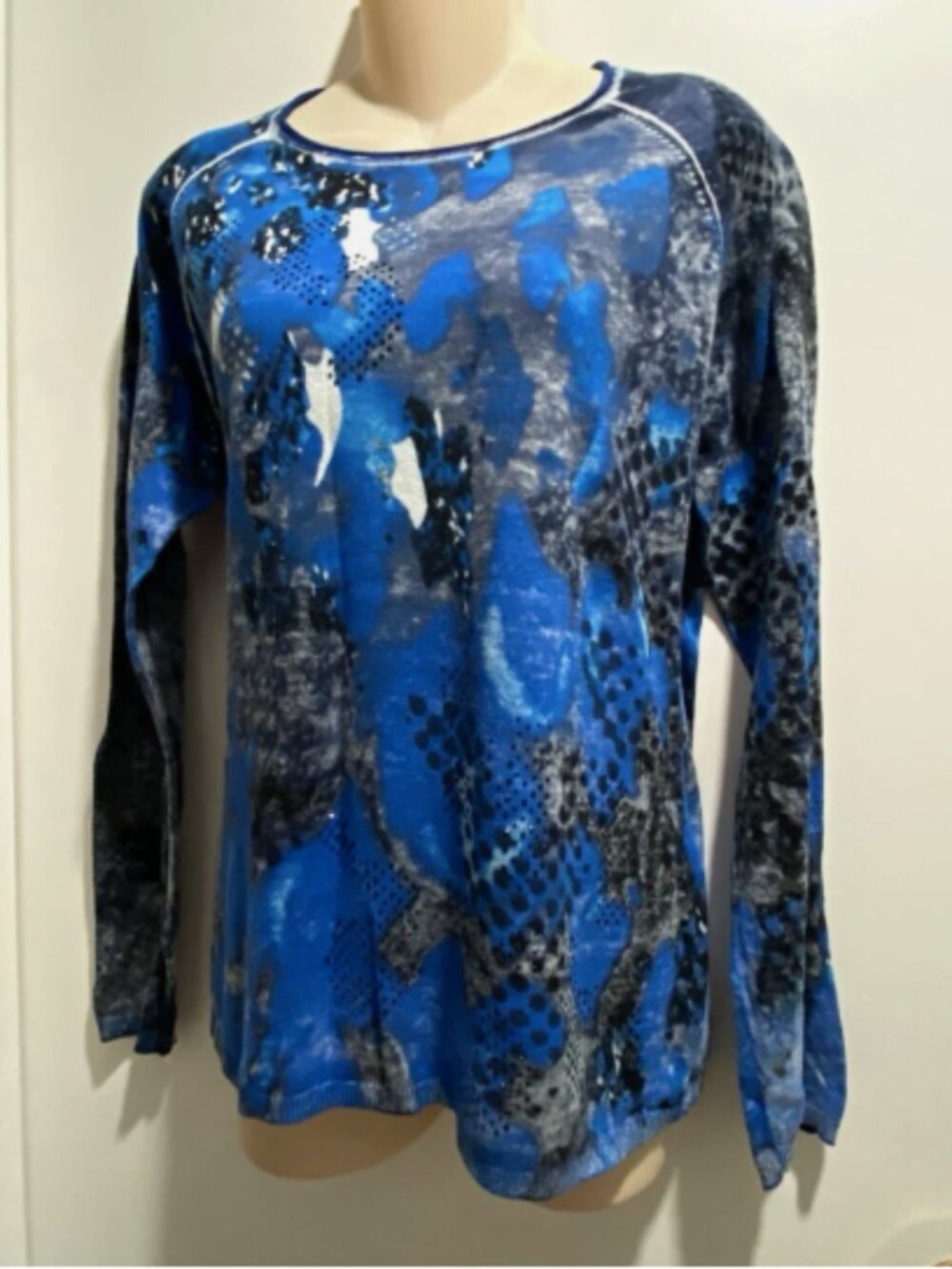 Rabe Abstract Camo Print Metal Beads Crew Rolled Neck Cotton Grunge Sweater 10